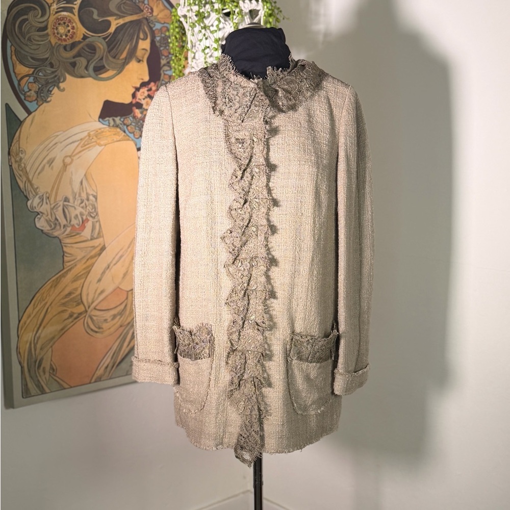 Dolce Gabbana Taupe Lace Tweed Pattern Evening Button Front Jacket 46